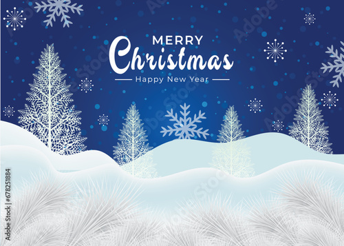 Winter Merry Christmas background with Christmas trees and snowflakes. Vector Illustration 