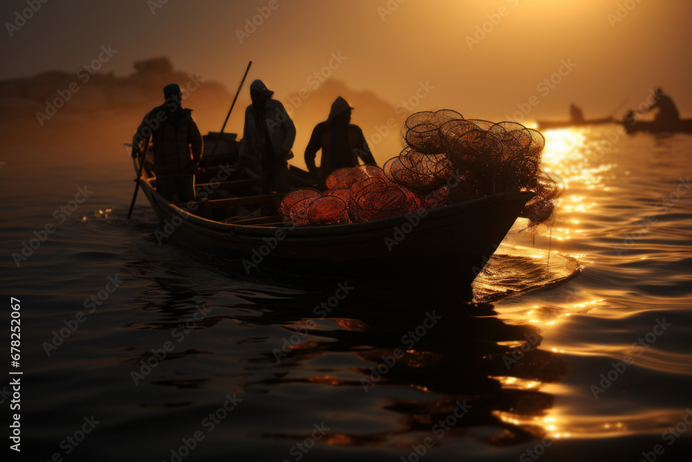 Fishermen heading out to sea early in the morning, highlighting their livelihoods. Generative Ai.