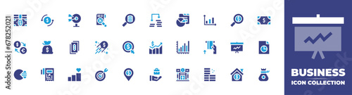Business icon collection. Duotone color. Vector and transparent illustration. Containing tax, money, target, money exchange, increase, bill, money bag, taxes, pie chart, report, briefcase, bills.