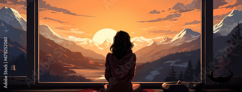 Wide horizontal illustration of a lady sitting backward to the camera near a window in evening sundown background with mountain landscape outside 