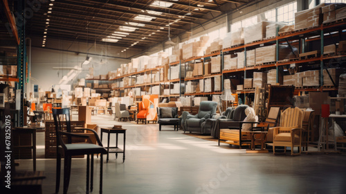 A view of a busy warehouse filled with various furniture selections
