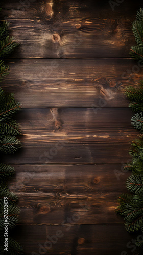 wooden empty table on background of Christmas tree, top view