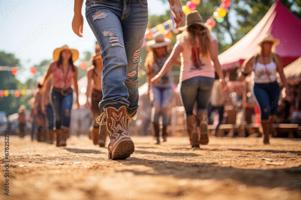 People line dancing at a country music festival, illustrating the popularity of country music and dance in the USA. Generative Ai. - obrazy, fototapety, plakaty 