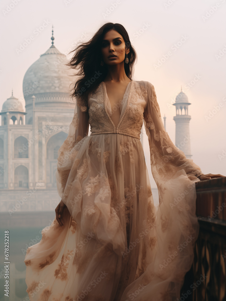 Indian model in gown in front of  Taj Mahal with foggy sunrise