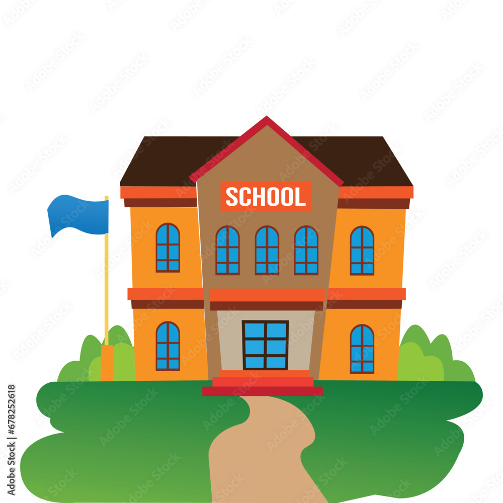 School with a green lawn. Icon. Flat vector illustration isolated on white background. School with a green lawn. Icon. Flat vector illustration isolated on white background.