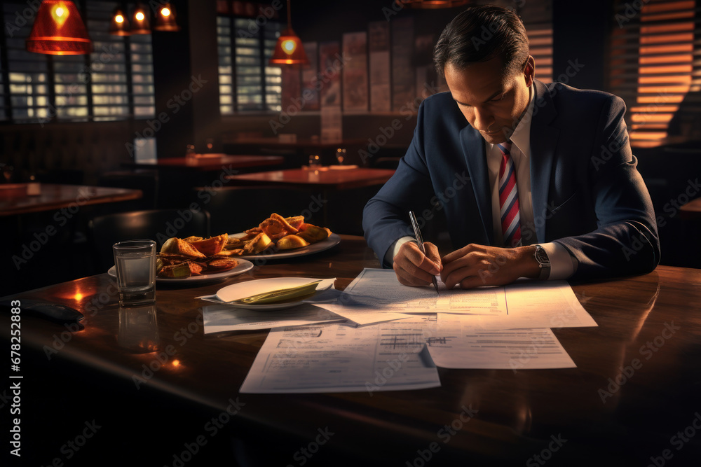 Fototapeta premium A tax inspector reviewing a restaurant's financial records. Concept of hospitality industry taxation. Generative Ai.