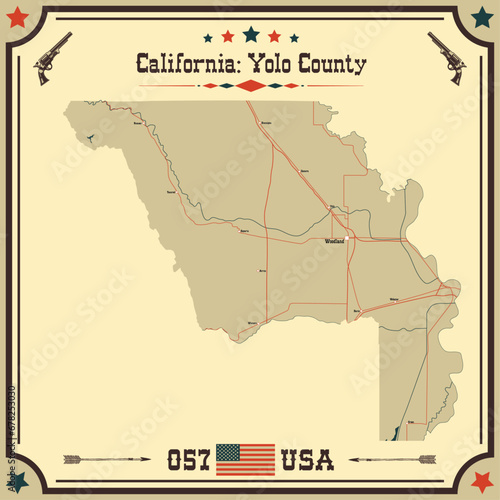 Large and accurate map of Yolo County, California, USA with vintage colors.