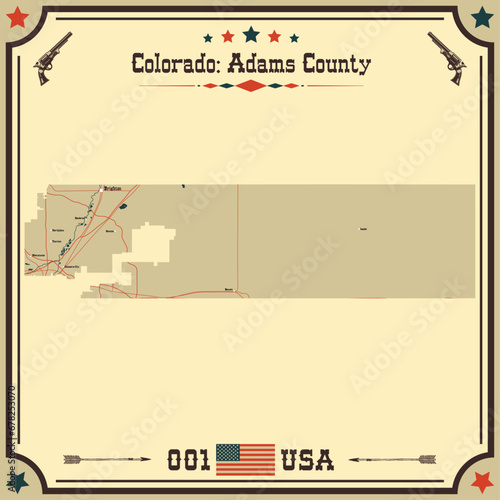 Large and accurate map of Adams County, Colorado, USA with vintage colors.