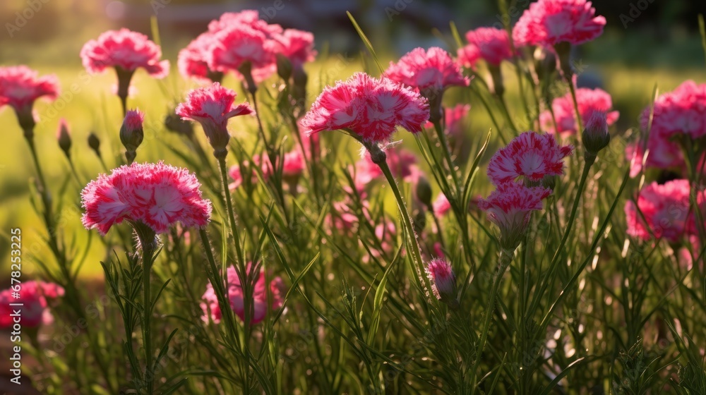 Dianthus flowers blooming in the garden at sunset time. Springtime Concept. Valentine's Day Concept with a Copy Space. Mother's Day.