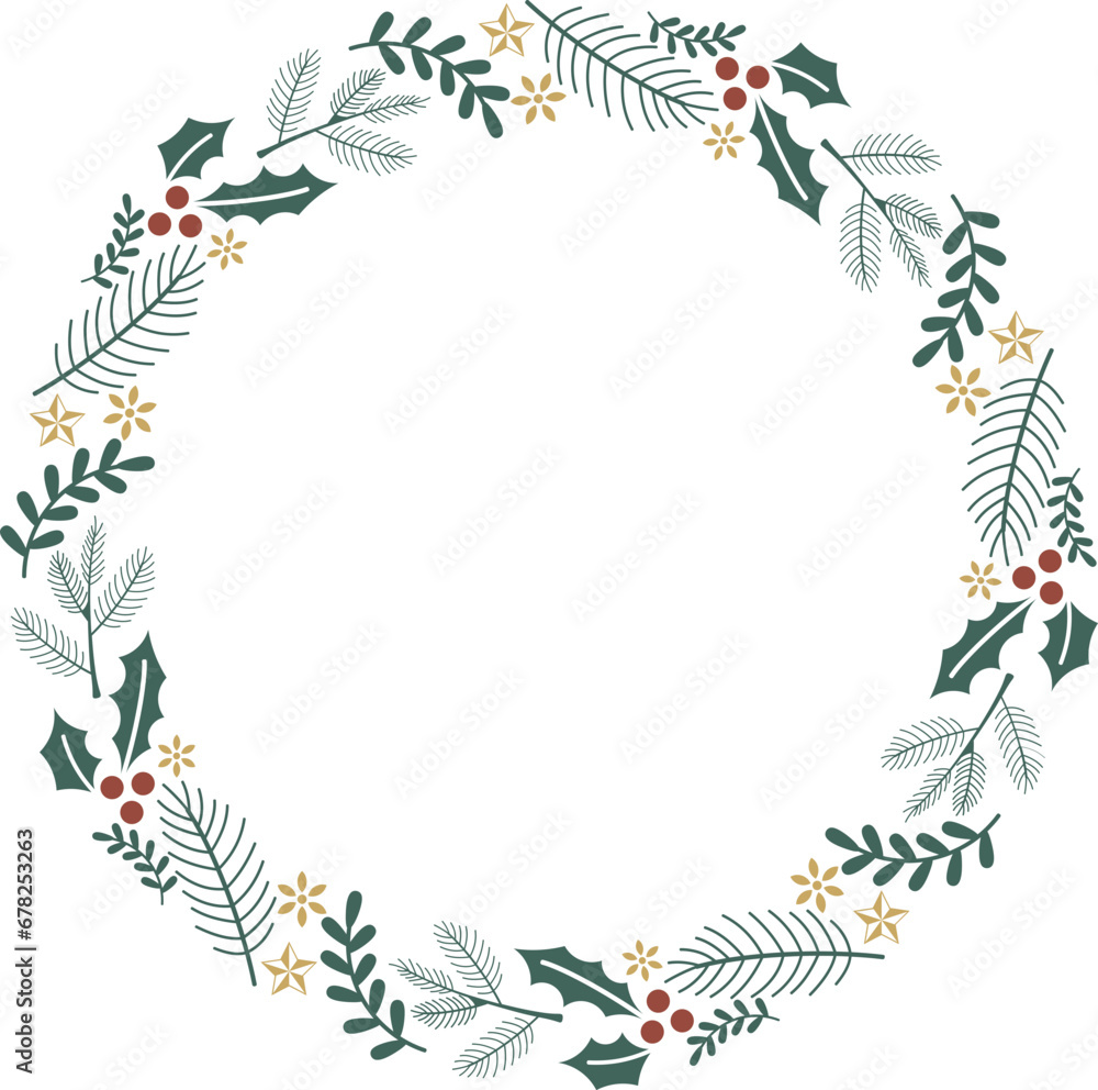 Winter wreath with red berries and pine twigs