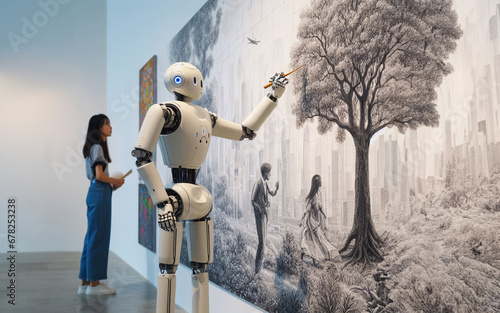 AI robot drawing a picture in an art gallery Using AI Image Generator Modern art