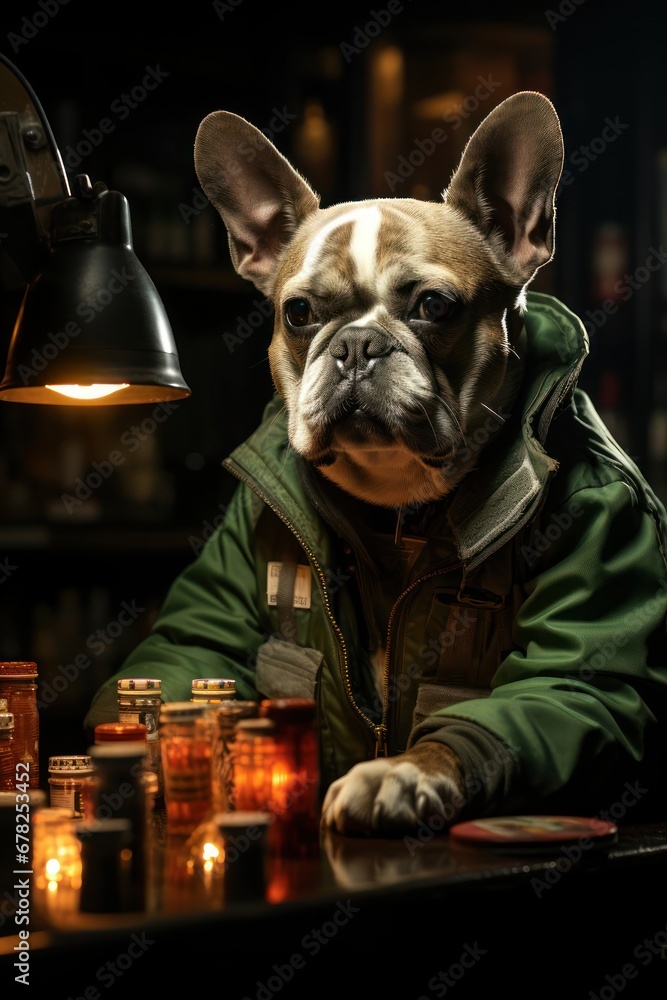 Dapper Dog Enjoying a Moment at the Table in a Stylish Green Jacket Generative AI