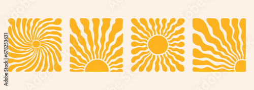 Groovy retro abstract sun backgrounds. Organic doodle shapes in trendy naive hippie 60s 70s style. Contemporary poster print banner template. Square wavy vector illustration in yellow colors. © Martyshova