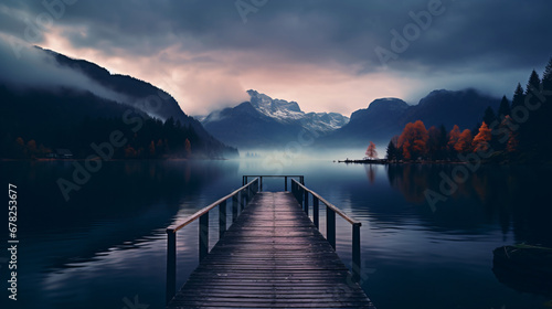 A dock on a lake with mountains © Hassan