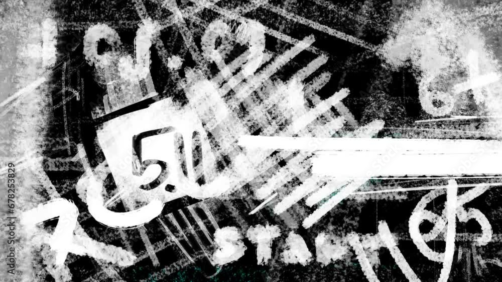 White noise with strokes and numbers on a black screen. Drawing texture for overlay in 4K with alpha channel. Stock video with a retro effect.