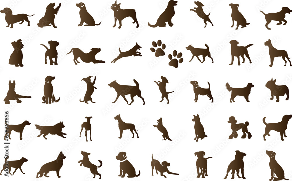 Dog silhouettes vector illustration, various breeds, poses, sizes. Perfect for pet-related designs, dog lovers, and more.