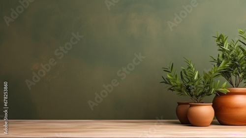 flower pot standing on wooden counter and copy paste space