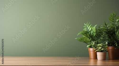 flower pot standing on wooden counter and copy paste space