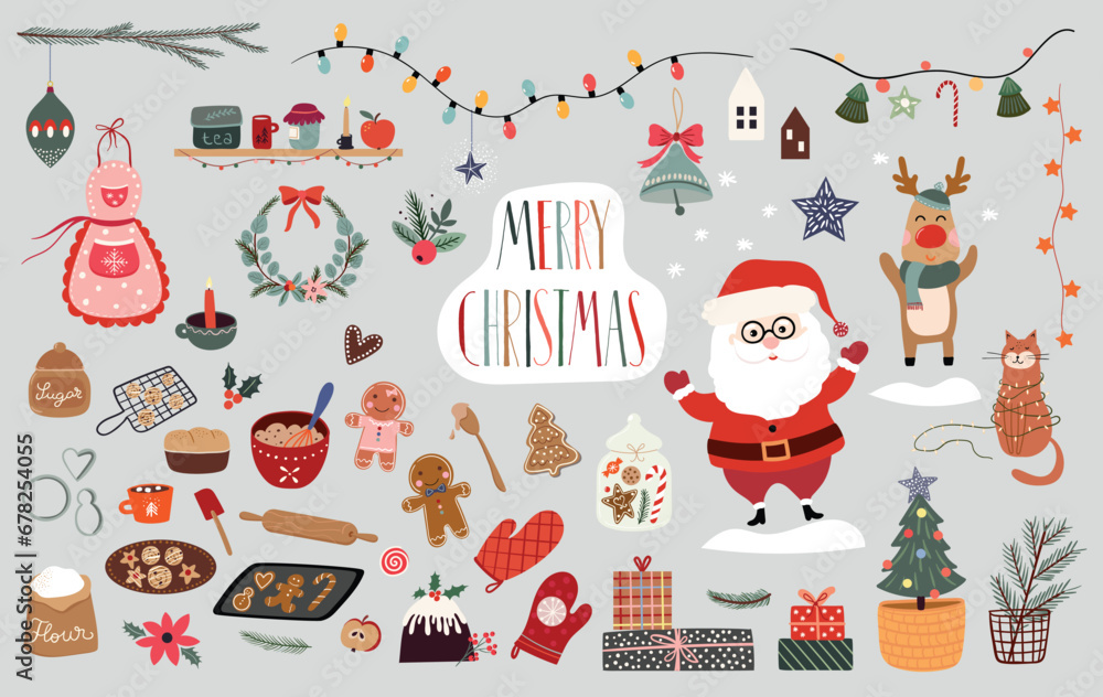 Christmas time elements collection with  winter seasonal design, vector illustration, backing tools, Santa and Christmas tree
