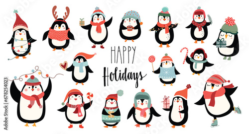 Penguins big collection with elements isolated on white, winter seasonal design, vector