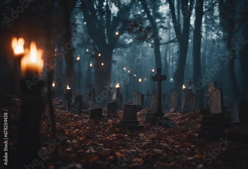 Graveyard in spooky death Forest At Halloween Night