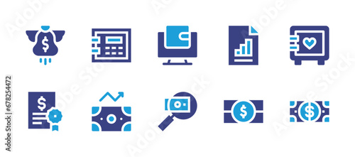 Business icon set. Duotone color. Vector illustration. Containing safebox, strongbox, profit, dollar, online wallet, cash, money bag, graph, contract, money.