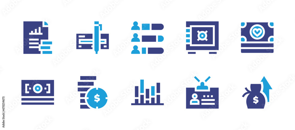 Business icon set. Duotone color. Vector illustration. Containing check, money, coins, salary, profits, strongbox, id card, bar chart.