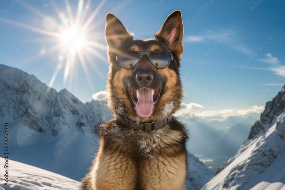 Cool German Shepard Canine Conquering Snowy Peaks in Stylish Shades Generative AI