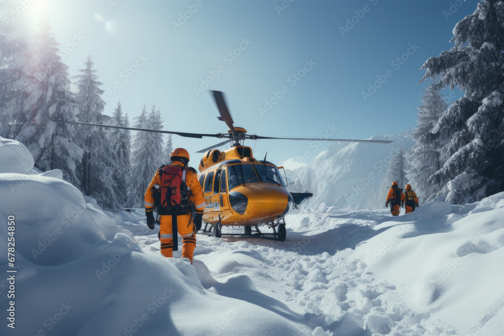 Simulation rescue training in snowy alpine terrain background with empty space for text Simulation rescue training in snowy alpine terrain background with empty space for text