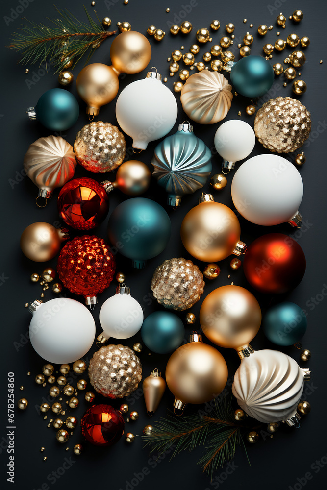 hristmas frame with yellow and red balls, golden festoons. AI generative hristmas frame with yellow and red balls, golden festoons. AI generative