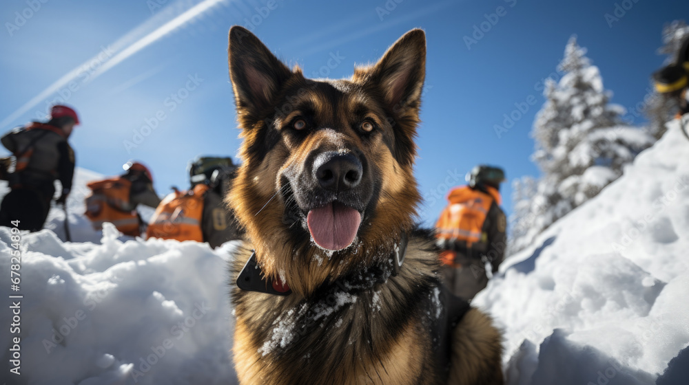 Naklejka premium Rescue dogs diligently searching snowy terrain during alpine rescue mission 
