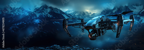 Thermal imaging drone over alpine terrain background with empty space for text 