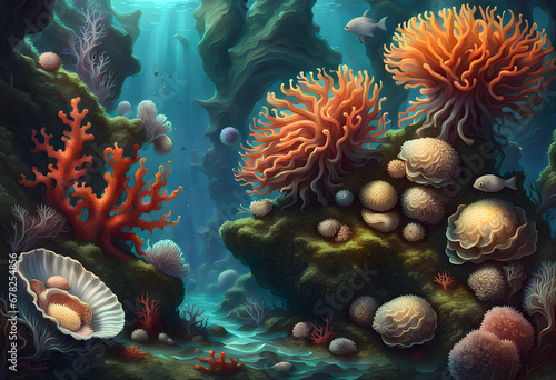 colorful fantasy painting of marine life on the seabed with corals shells sponges and anemones