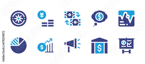 Business icon set. Duotone color. Vector illustration. Containing graphic, bank, peso, dream, money growth, presentation, exchange, marketing, yuan, stock chart.