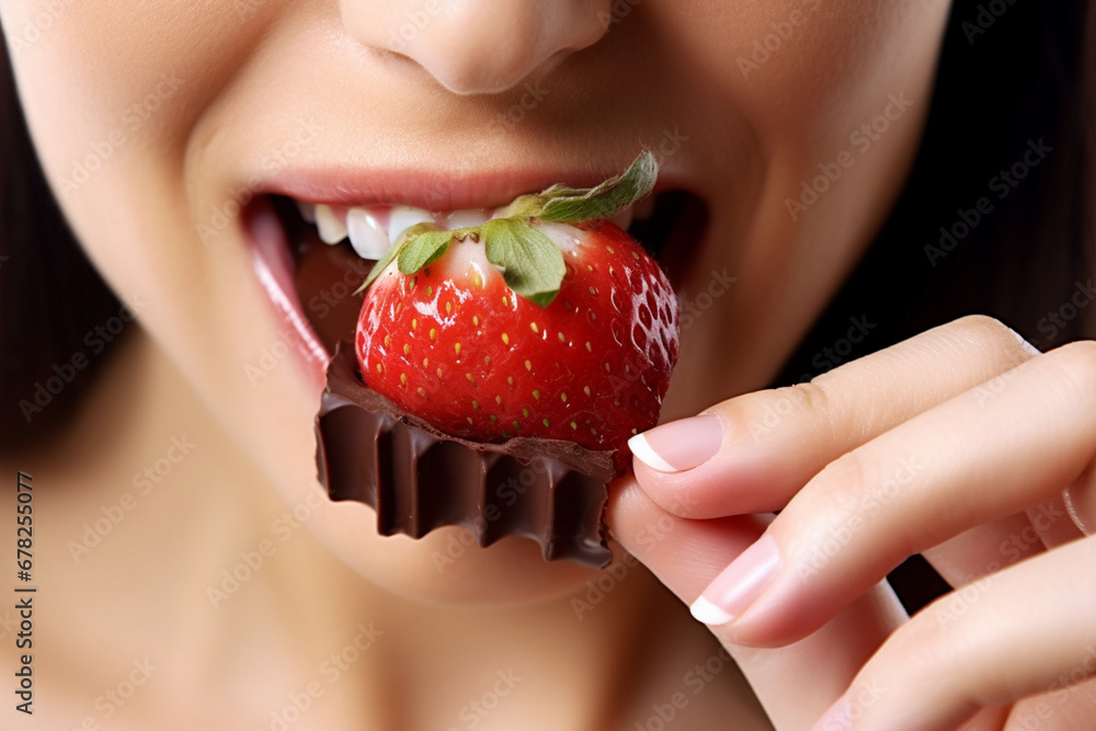 Close-Up of Woman's Lips Dancing with Strawberry Euphoria AI generated Close-Up of Woman's Lips Dancing with Strawberry Euphoria AI generated