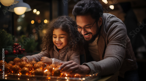 Father and daughter share a joyous moment decorating with golden Christmas lights  their smiles brightening the festive scene
