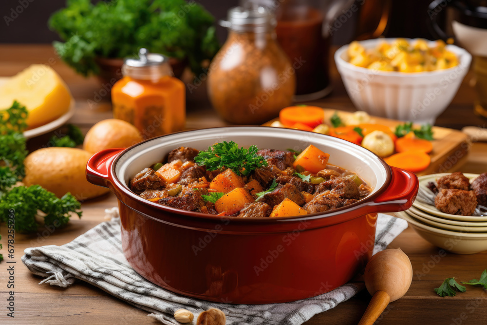 Close up of delicious French classic stew on the table, international and popular food concept. Close up of delicious French classic stew on the table, international and popular food concept.