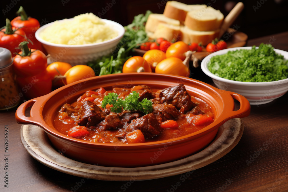 Close up of delicious French classic stew on the table, international and popular food concept. Close up of delicious French classic stew on the table, international and popular food concept.