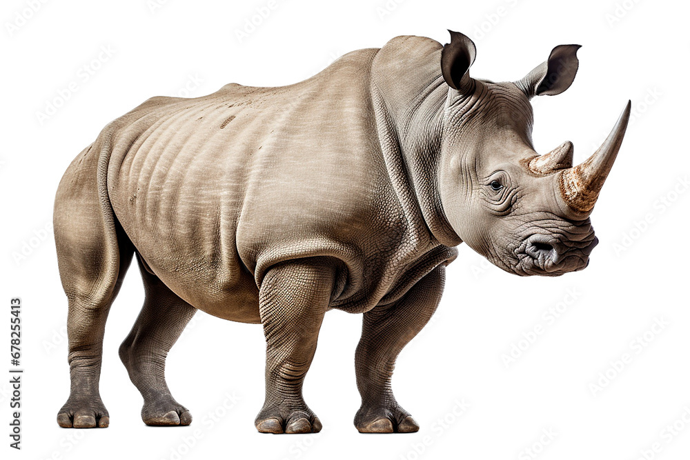 Fototapeta premium White Rhinoceros isolated on a transparent background. Animal right-side view portrait. 
