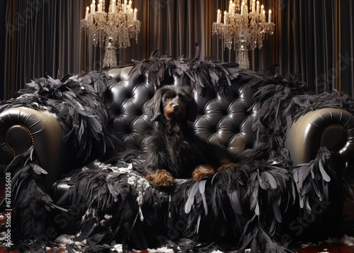 A Cute Destructive Regal Pooch Enjoying a Cozy Nest of Soft Feathers and Stuffing it's Just Ripped Out of the Sofa photo