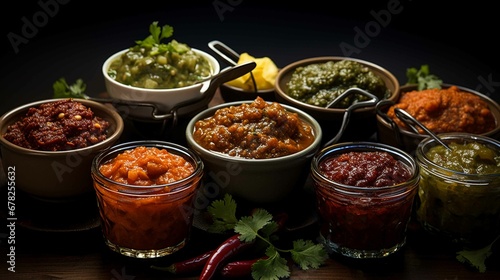 Sauces from different culinary cultures typical of each region Mexican hot sauces and Asian sweet and sour sauces