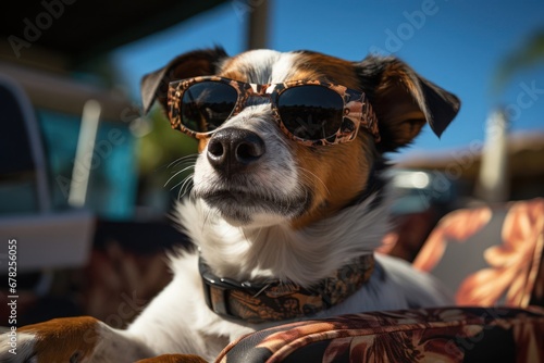 Cool Canine Relaxing in Style on a Chair Sporting Sunglasses Generative AI