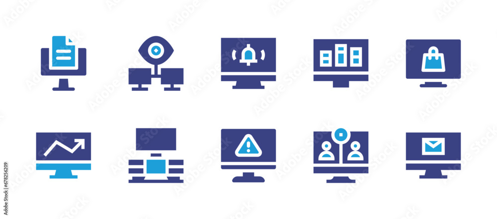 Computer screen icon set. Duotone color. Vector illustration. Containing file, alarm, online shopping, growth, warning, mail, monitoring, graphic, tv monitor, video call.
