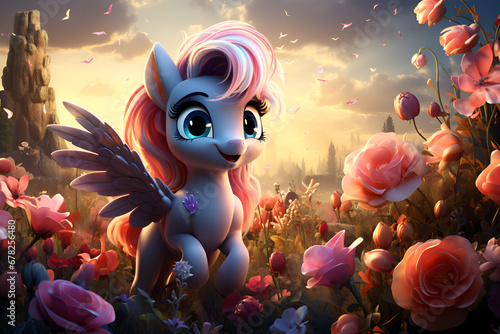 Cartoon fairy unicorn in a magical forest among flowers generated AI