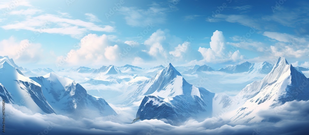 High mountain landscape with white snow and blue sky