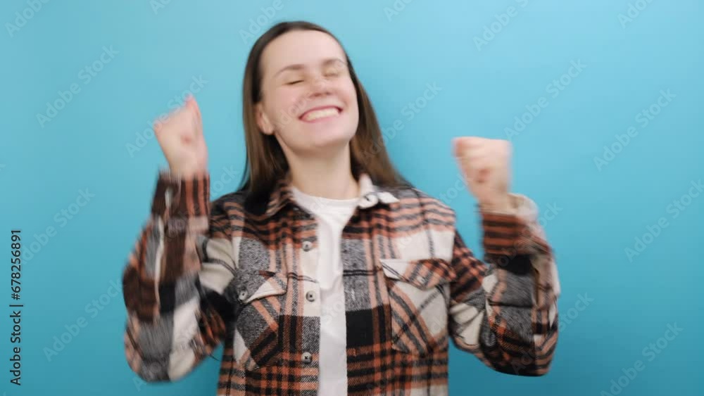 Fun happy young woman 25s old years wear shirt countdown 1 2 3 one two three go celebrate win scream rejoices doing winner hands gesture say yes, posing isolated over pastel blue studio background Fun happy young woman 25s old years wear shirt countdown 1 2 3 one two three go celebrate win scream rejoices doing winner hands gesture say yes, posing isolated over pastel blue studio background