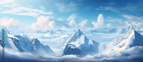 High mountain landscape with white snow and blue sky