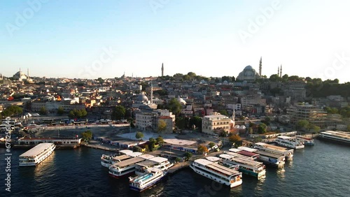 Aerial view on Ships at the pier in front of a mosque in Istanbul