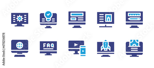 Computer screen icon set. Duotone color. Vector illustration. Containing web development, website, design, monitor, responsive, payment method, light bulb, information, faq, startup.