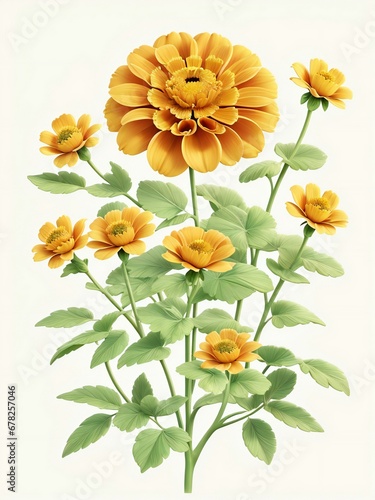 an illustration of a yellow Marigold flower with green leaves